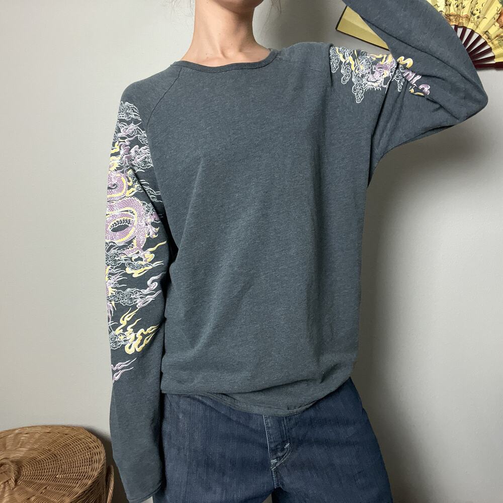 y2k gray japanese dragon puff print graphic long sleeve tee shirt